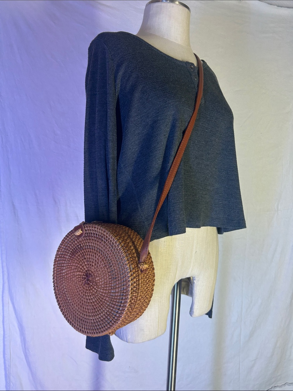 Handwoven Rattan Round Crossbody Bag with Leather Strap - Brown